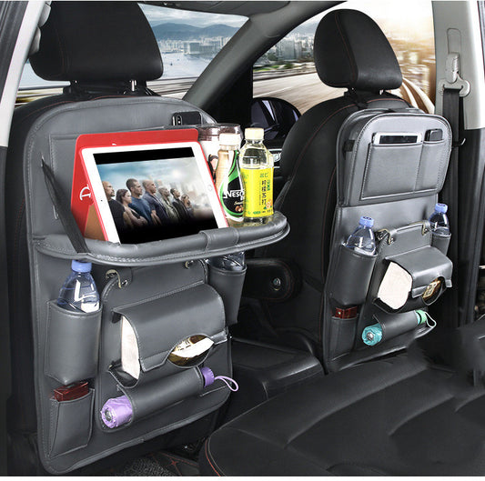 PU leather waterproof car seat back organizer with tray and storage pockets