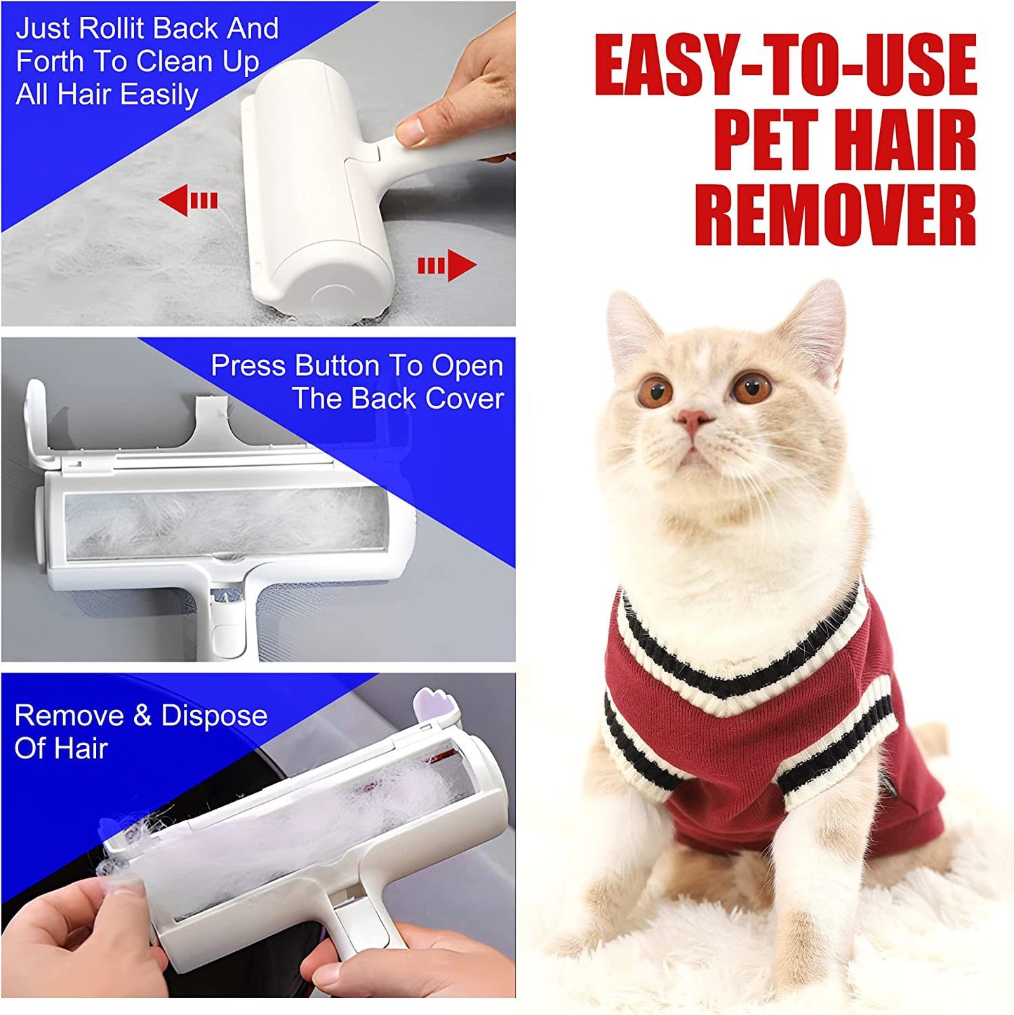 Pet hair remover roller for sofas and bedding