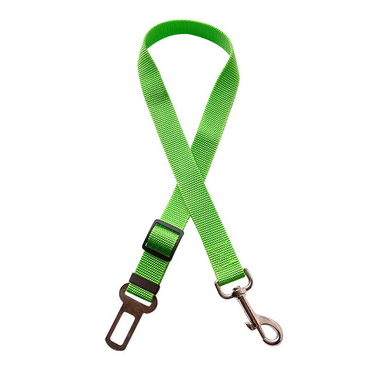 Pet safety belt attached to dog harness in vehicle