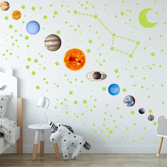 525PCS glow in the dark nine planets wall stickers for kids bedroom space theme decor