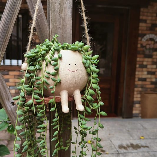 Cute smiling face resin hanging planter pot rustic succulent plant holder for indoor outdoor garden balcony patio home decor