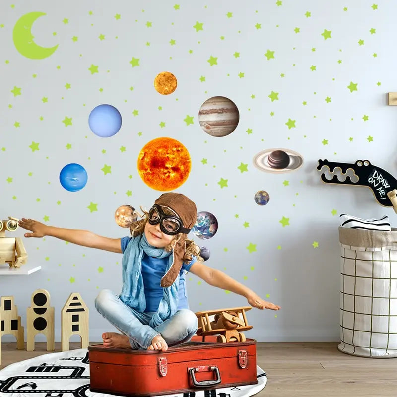 525PCS glow in the dark nine planets wall stickers for kids bedroom space theme decor