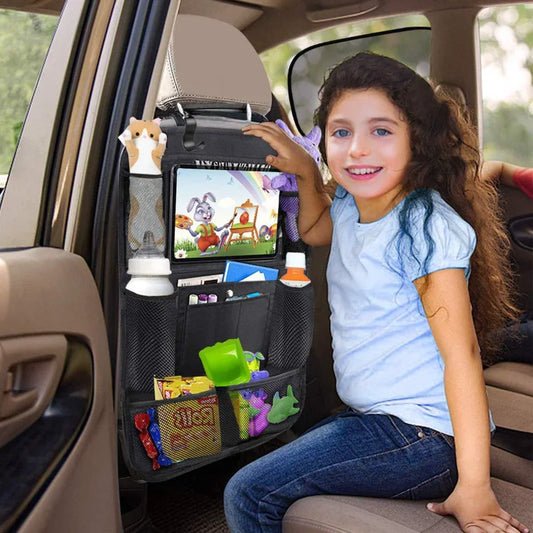 Car backseat organizer with touch screen tablet holder and storage pockets