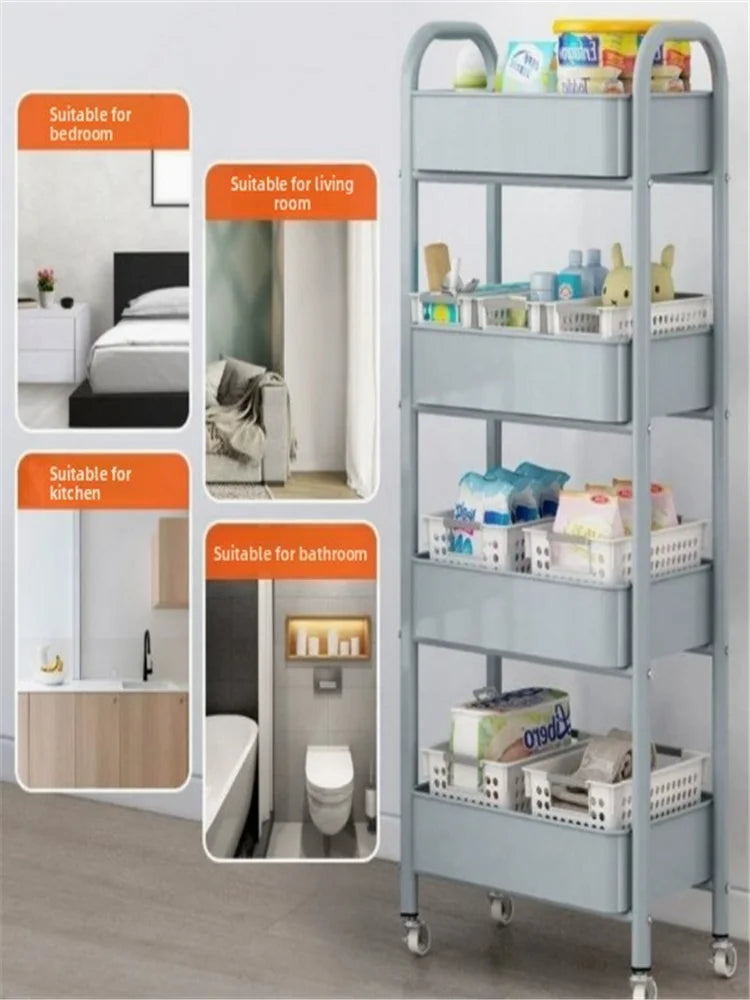 Multi-layer storage trolley with handlebar rolling kitchen storage rack for home organization