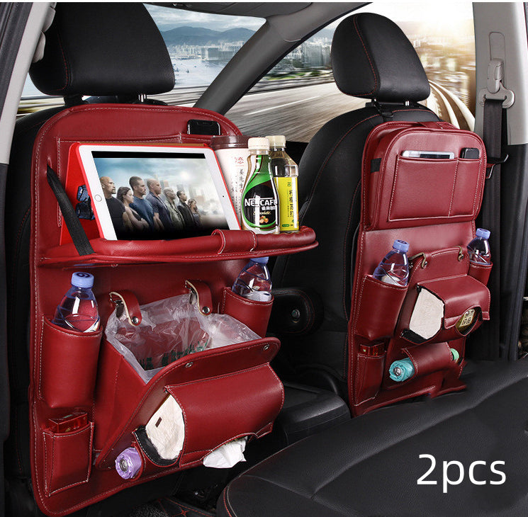 PU leather waterproof car seat back organizer with tray and storage pockets