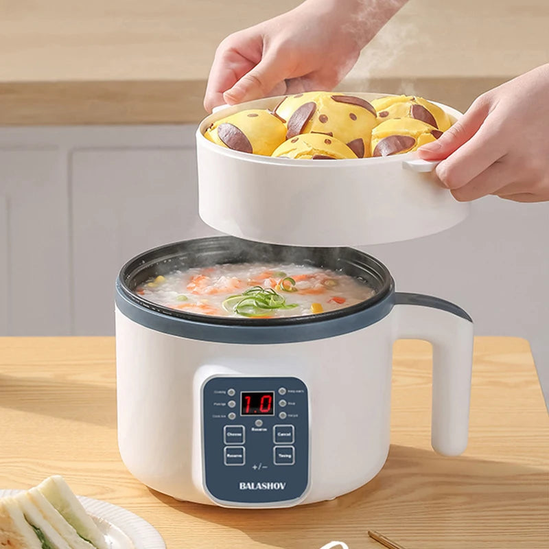 1.7L electric rice cooker with non-stick inner pot and steaming basket for 2-3 people