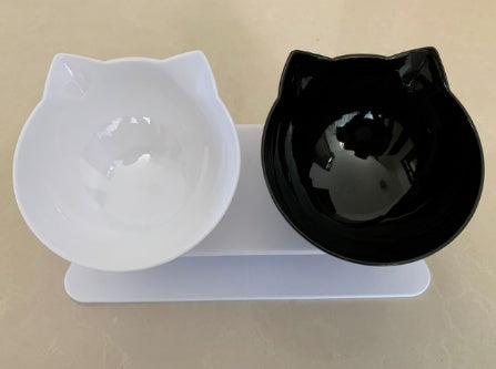 Elevated tilted cat bowl for food and water
