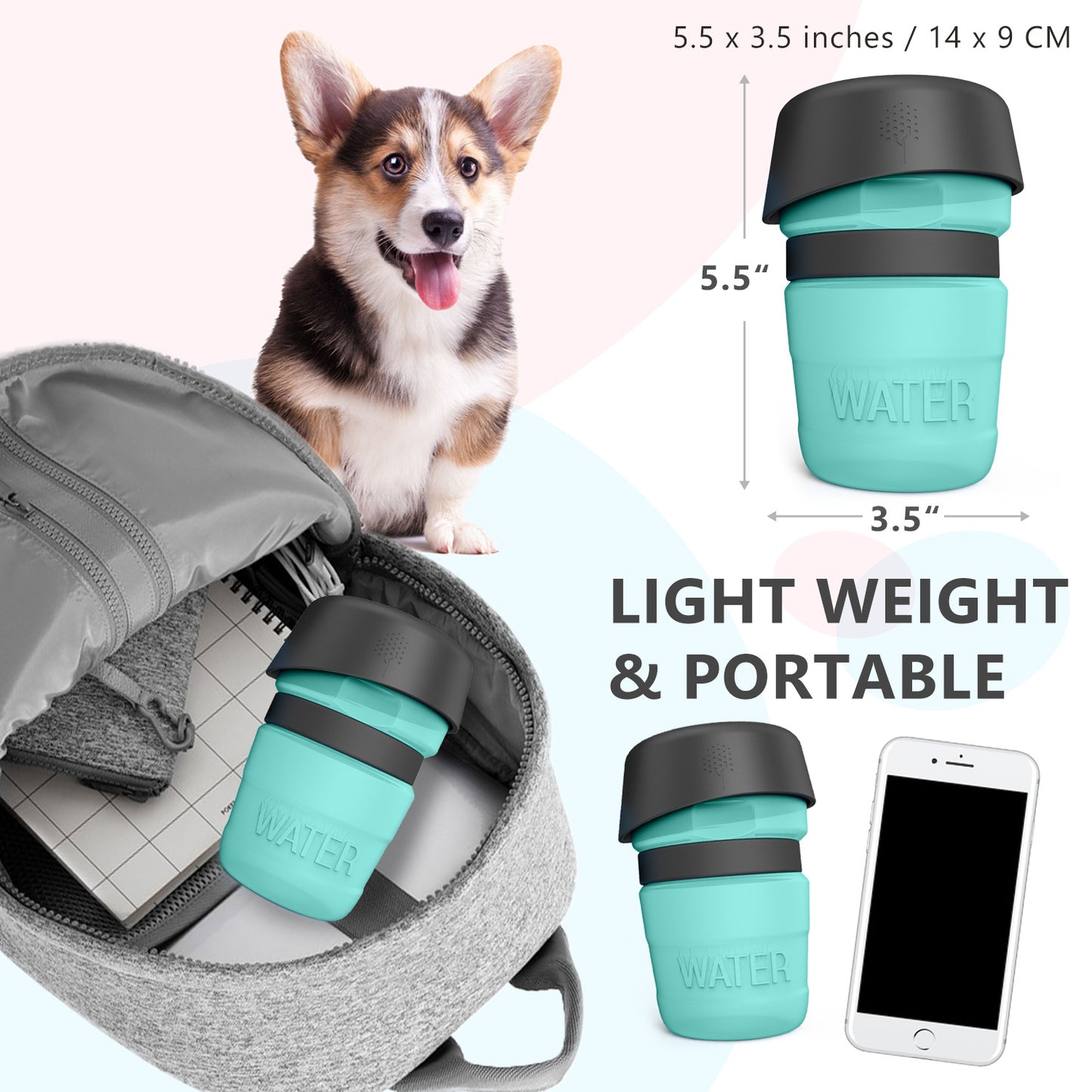 Travel dog water bottle for outdoor walks and trips