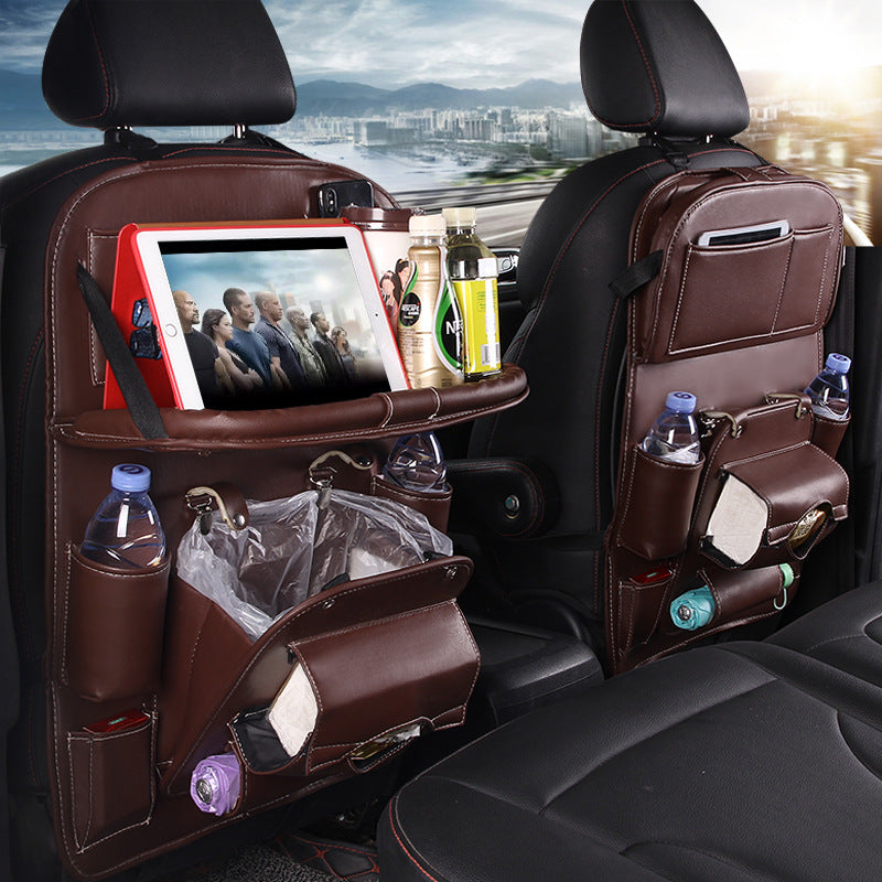 PU leather waterproof car seat back organizer with tray and storage pockets