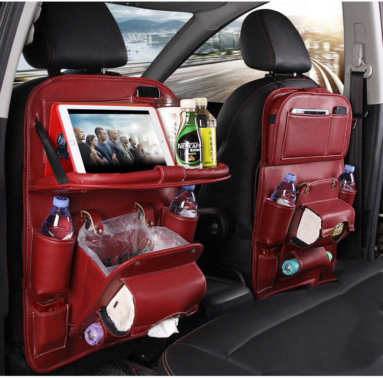 PU leather waterproof car seat back organizer with tray and storage pockets