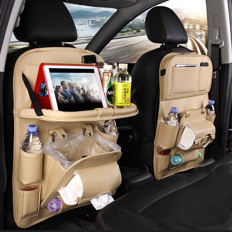 PU leather waterproof car seat back organizer with tray and storage pockets