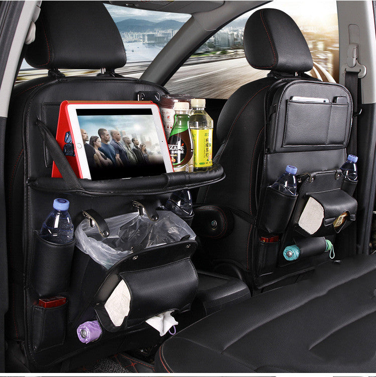 PU leather waterproof car seat back organizer with tray and storage pockets