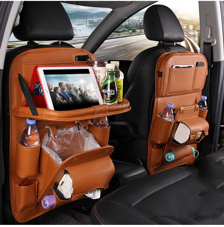 PU leather waterproof car seat back organizer with tray and storage pockets