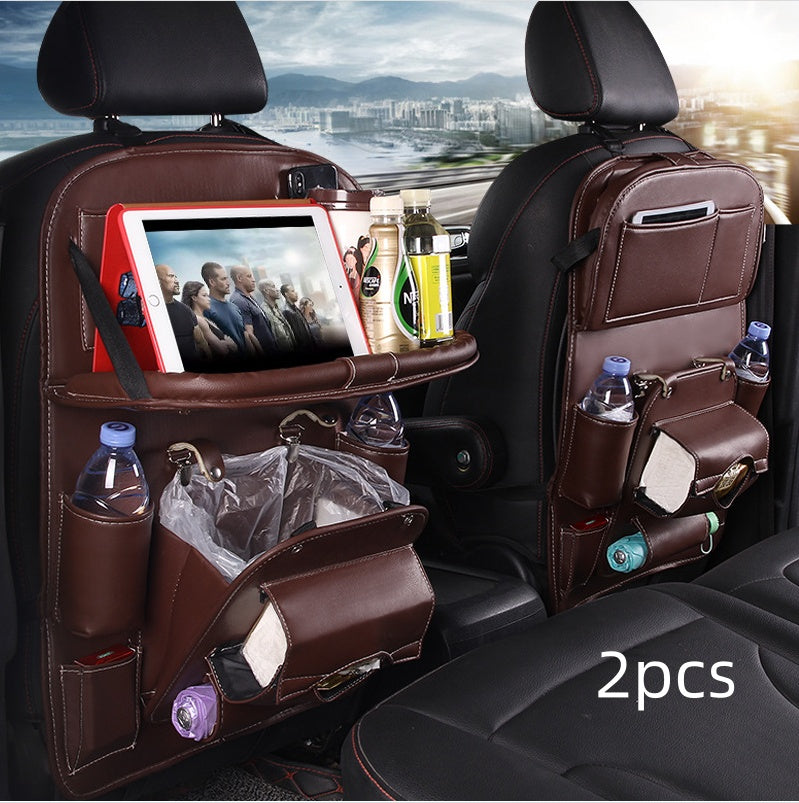PU leather waterproof car seat back organizer with tray and storage pockets