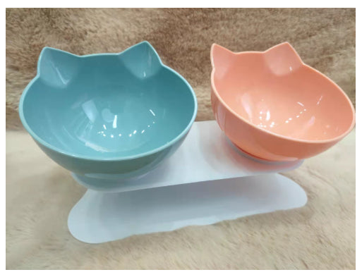 Elevated tilted cat bowl for food and water