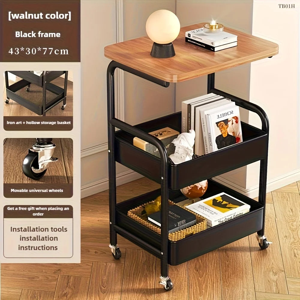 3 tier rolling cart with tabletop wood and metal storage rack with wheels