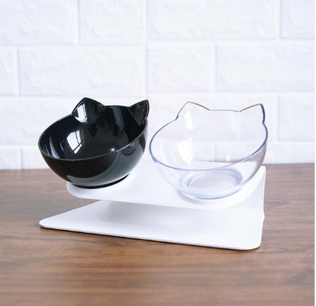 Elevated tilted cat bowl for food and water