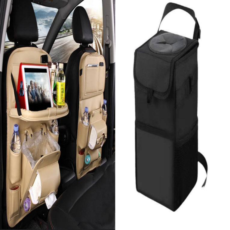 PU leather waterproof car seat back organizer with tray and storage pockets