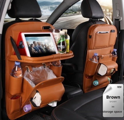 PU leather waterproof car seat back organizer with tray and storage pockets