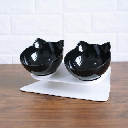 Elevated tilted cat bowl for food and water