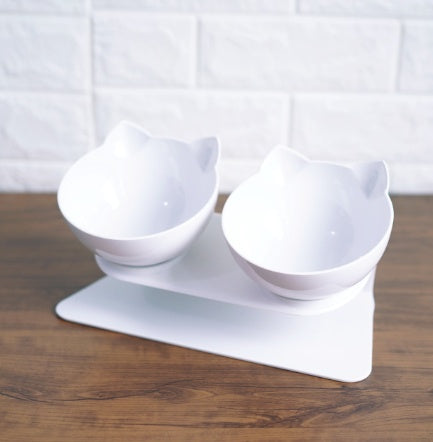 Elevated tilted cat bowl for food and water