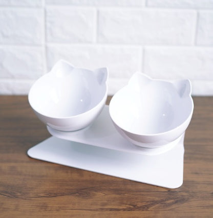 Elevated tilted cat bowl for food and water
