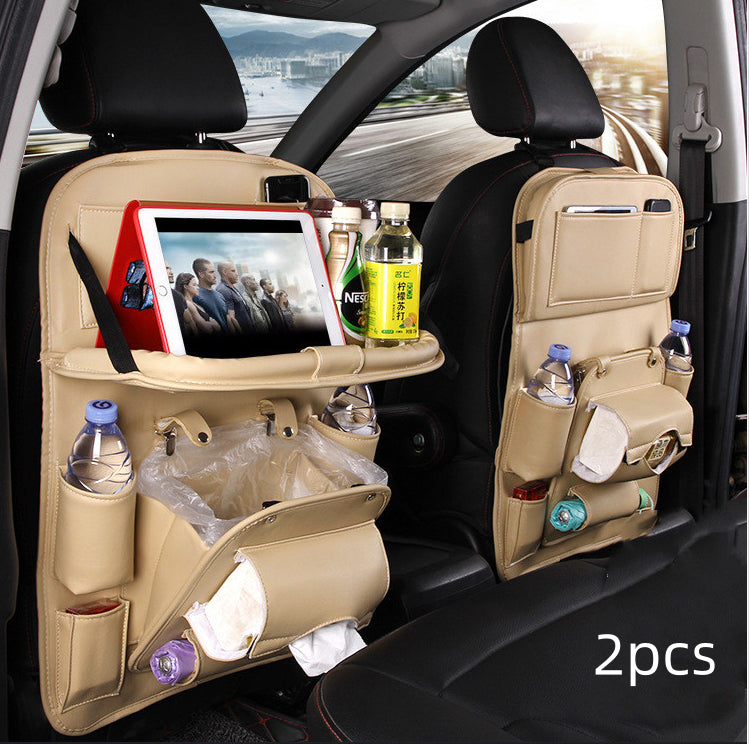 PU leather waterproof car seat back organizer with tray and storage pockets