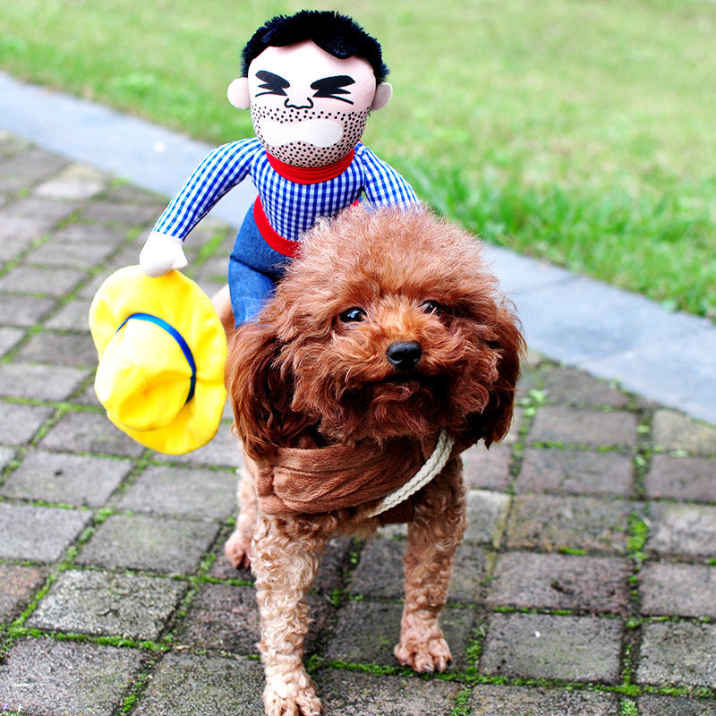 Adjustable dog costume with doll-style arms and wig