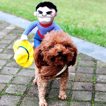 Adjustable dog costume with doll-style arms and wig