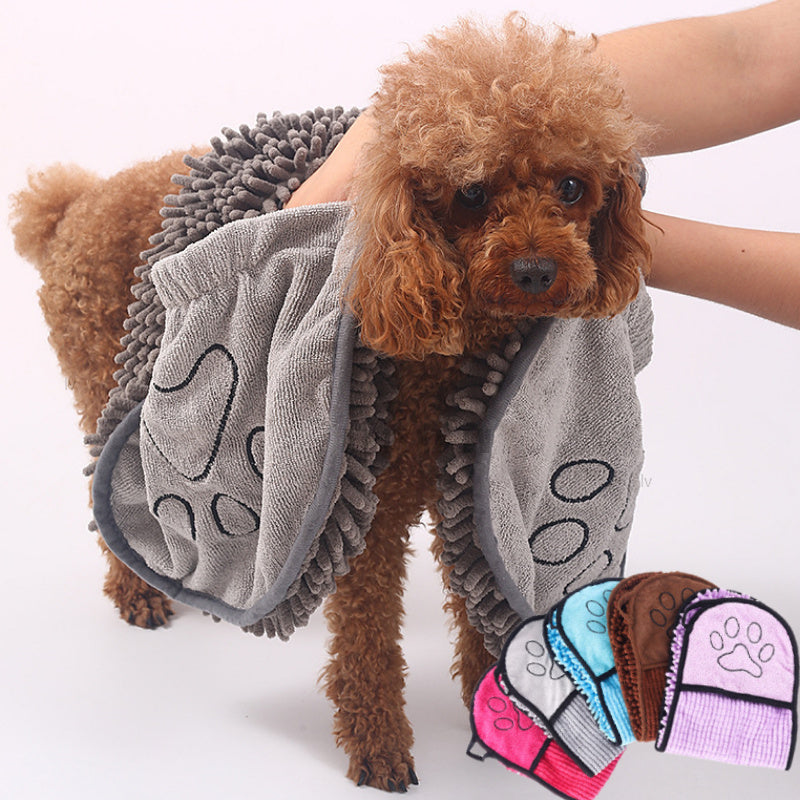 Blue and purple dog bathrobe towels for pet bath time
