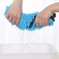 Blue microfiber pet bathrobe towel on small white dog
