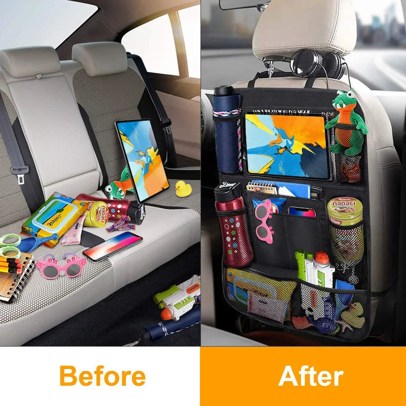 Car backseat organizer with touch screen tablet holder and storage pockets