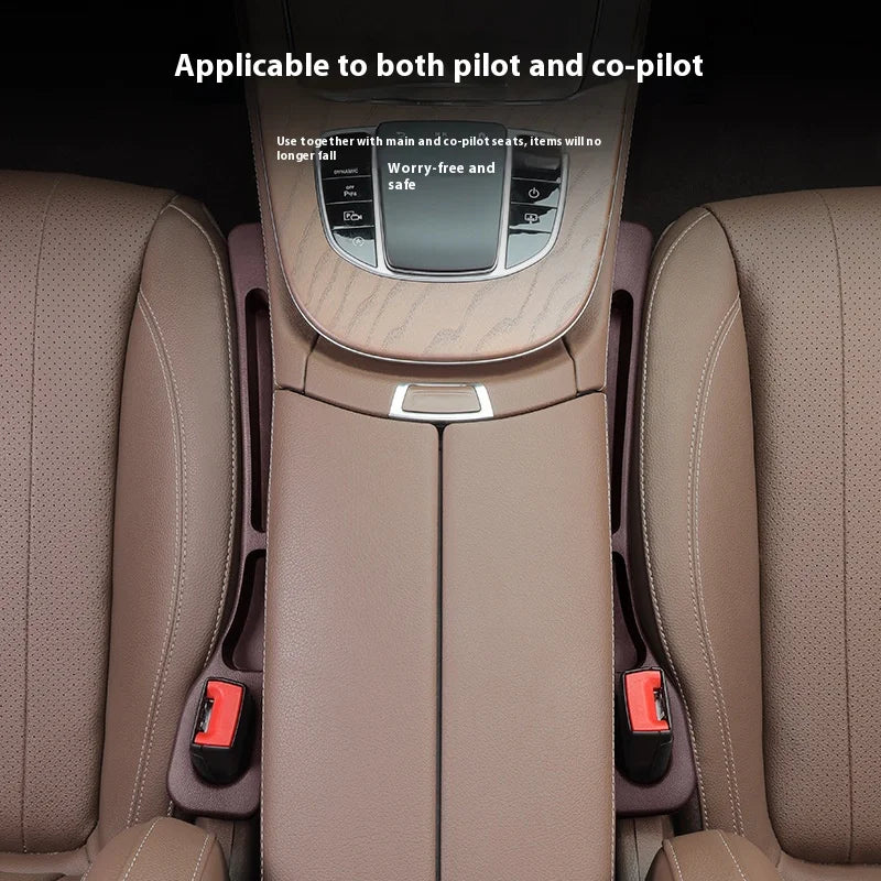 Car seat gap plug storage box and leak resistant strip for car interior