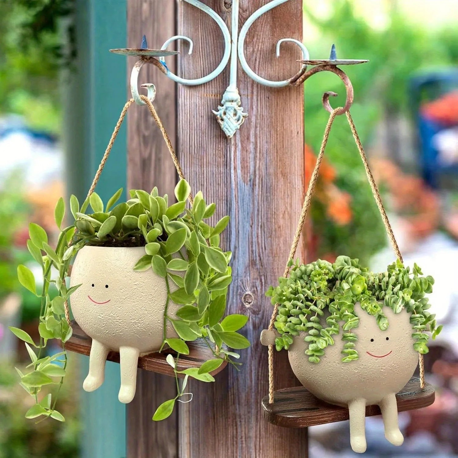 Cute smiling face resin hanging planter pot rustic succulent plant holder for indoor outdoor garden balcony patio home decor