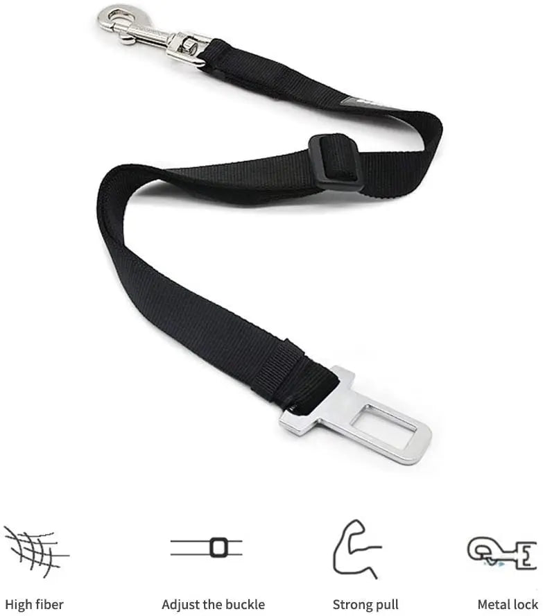 Dog car seat belt safety strap attached to vehicle seat