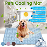 Dog lying on blue pet cooling mat for summer comfort