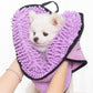 Dog wearing microfiber bathrobe towel after shower