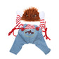 Halloween dog costume with red striped shirt and blue outfit