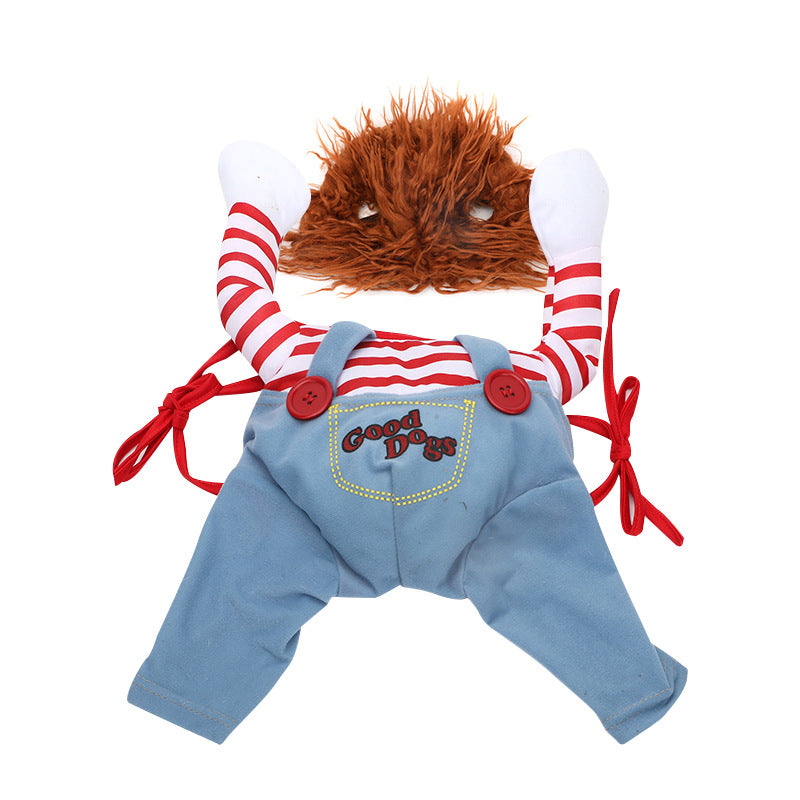 Halloween dog costume with red striped shirt and blue outfit