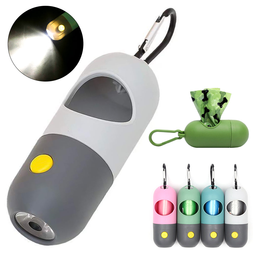 LED dog waste bag dispenser with poop scooper