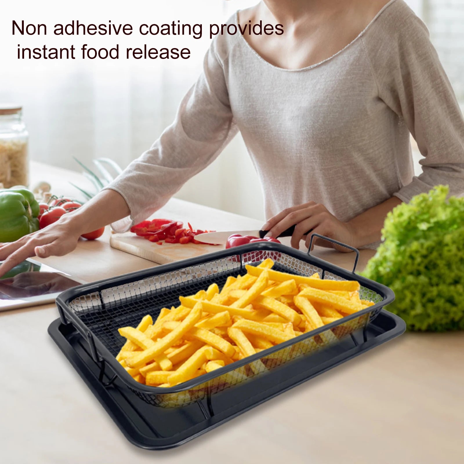 Non-stick air fryer basket baking tray for chips fries and fried foods