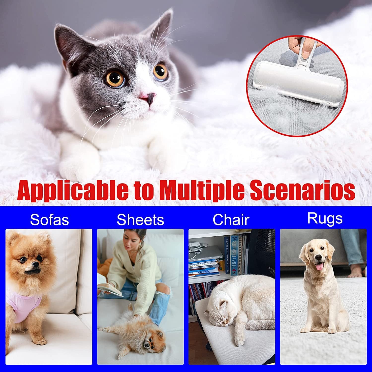 Pet hair remover roller for sofas and bedding