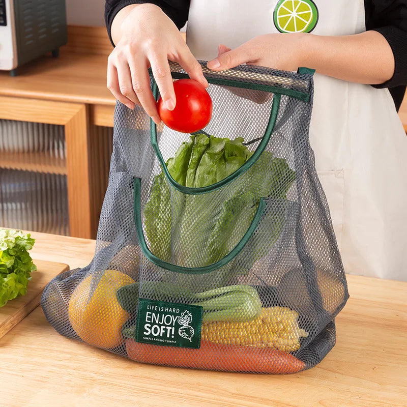 Reusable hanging vegetable storage net bag for fruits onions potatoes garlic and kitchen produce