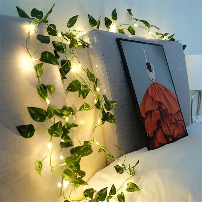 battery powered green leaf vine fairy lights with LED bulbs for bedroom wall garden Christmas wedding party and home decor