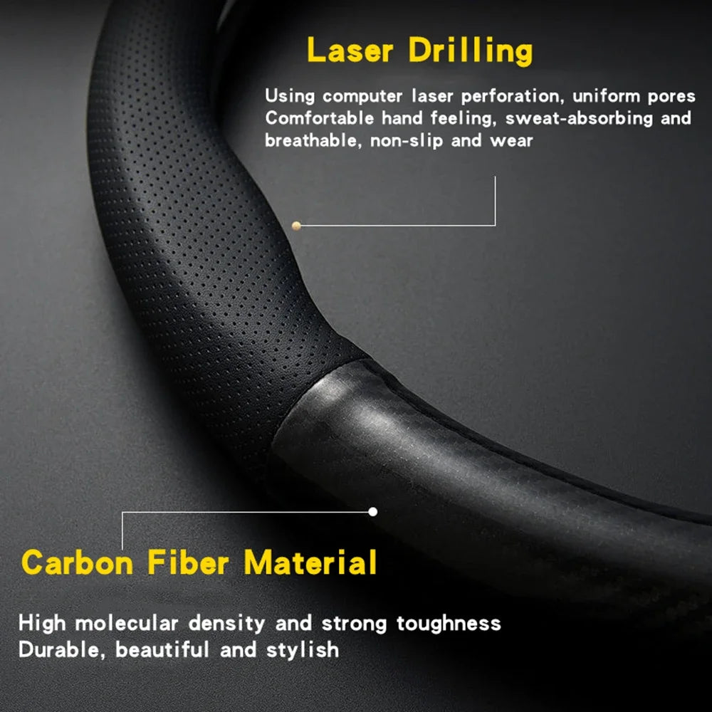 Carbon fiber leather car steering wheel cover anti slip 38cm universal fit