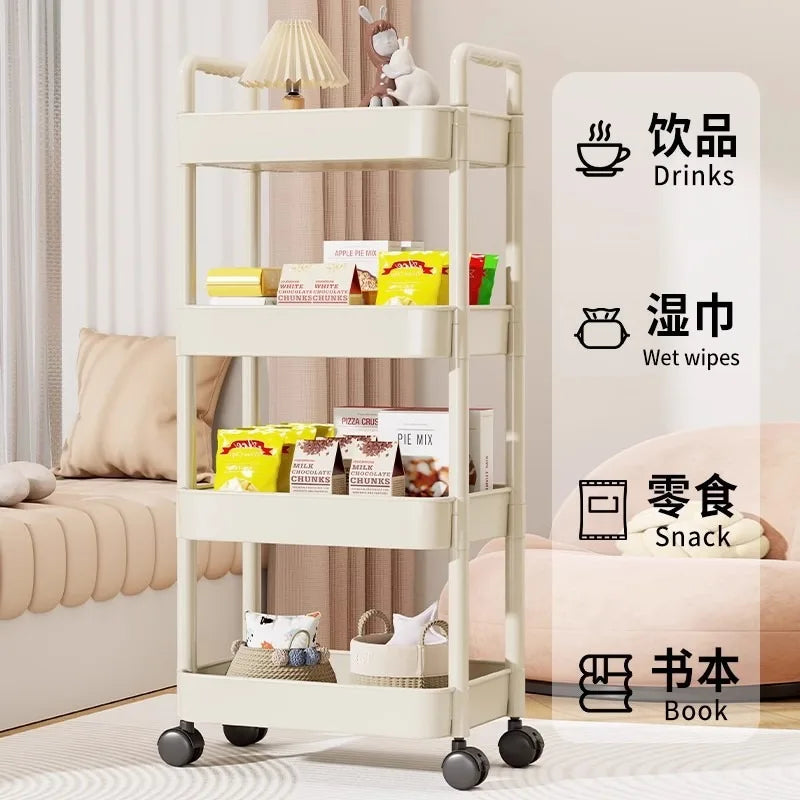 Multi-layer storage trolley with handlebar rolling kitchen storage rack for home organization