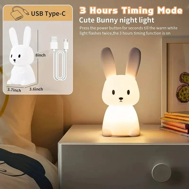 cute silicone rabbit LED night light with touch sensor rechargeable battery warm light and 7 color changing mode for kids bedroom nursery