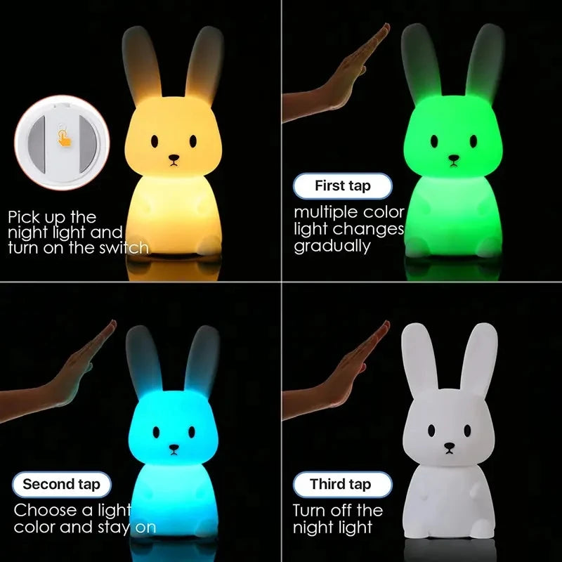 cute silicone rabbit LED night light with touch sensor rechargeable battery warm light and 7 color changing mode for kids bedroom nursery