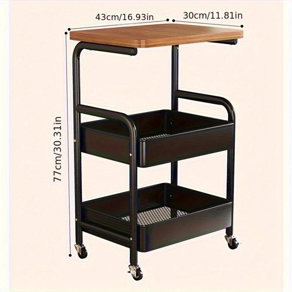 3 tier rolling cart with tabletop wood and metal storage rack with wheels