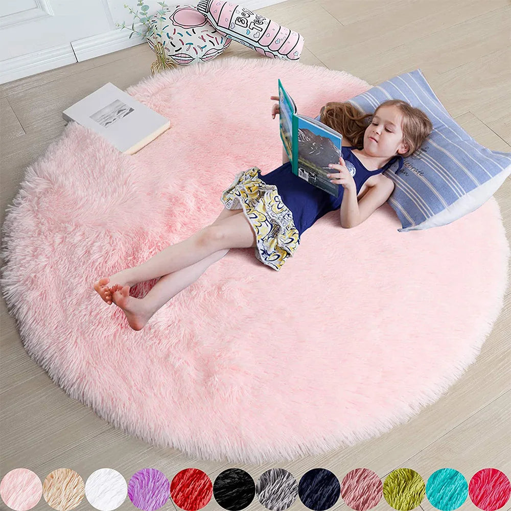 Round fluffy soft area rug for kids girls room princess bedroom decor